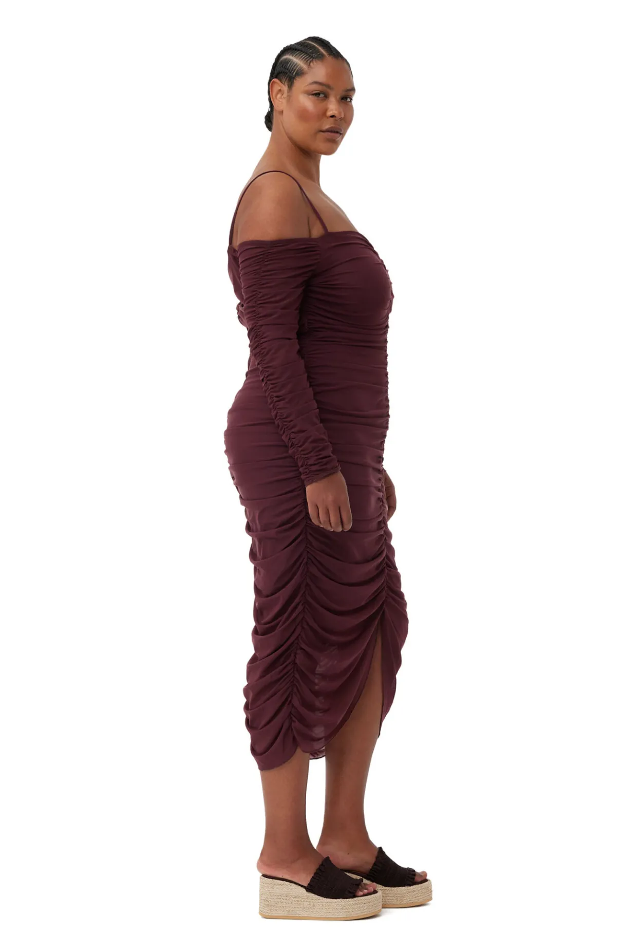 Best GANNI X Ester Manas Mesh Off Shoulder Gather Dress Port Royale