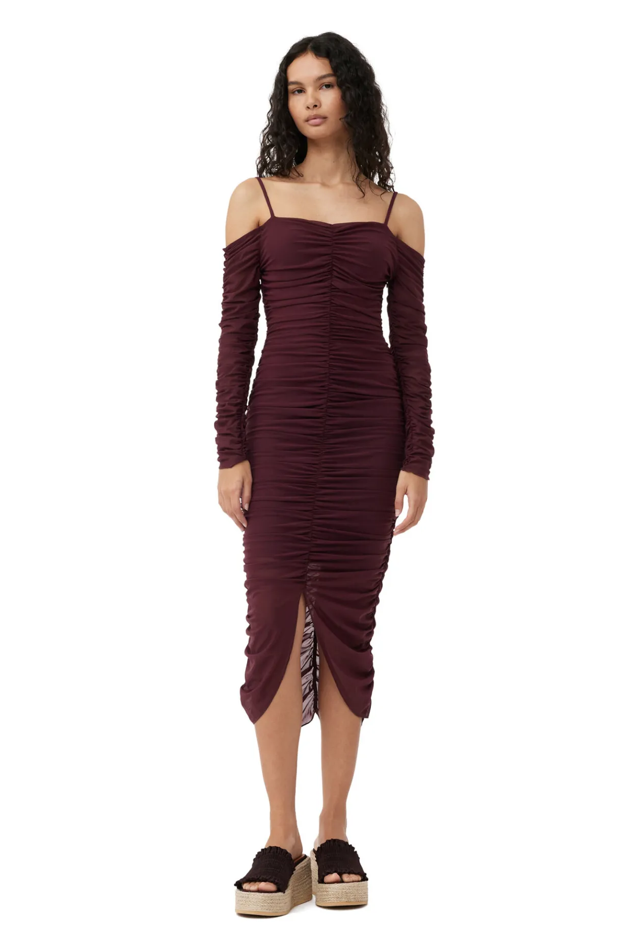 Best GANNI X Ester Manas Mesh Off Shoulder Gather Dress Port Royale