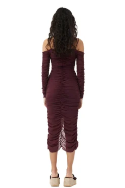 Best GANNI X Ester Manas Mesh Off Shoulder Gather Dress Port Royale