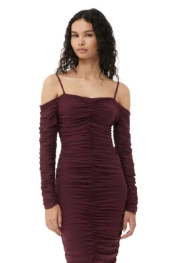 Best GANNI X Ester Manas Mesh Off Shoulder Gather Dress Port Royale