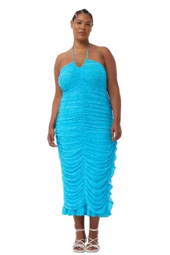 Clearance GANNI X Ester Manas Printed Mesh Halterneck Gather Dress Bachelor Blue