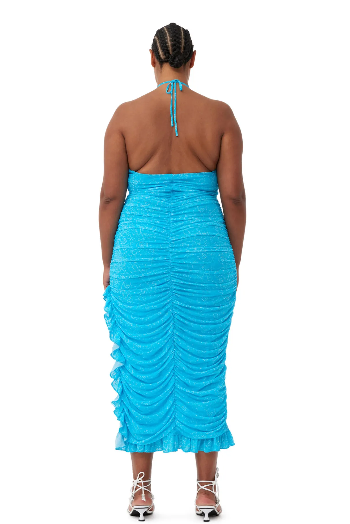 Clearance GANNI X Ester Manas Printed Mesh Halterneck Gather Dress Bachelor Blue