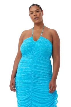 Clearance GANNI X Ester Manas Printed Mesh Halterneck Gather Dress Bachelor Blue