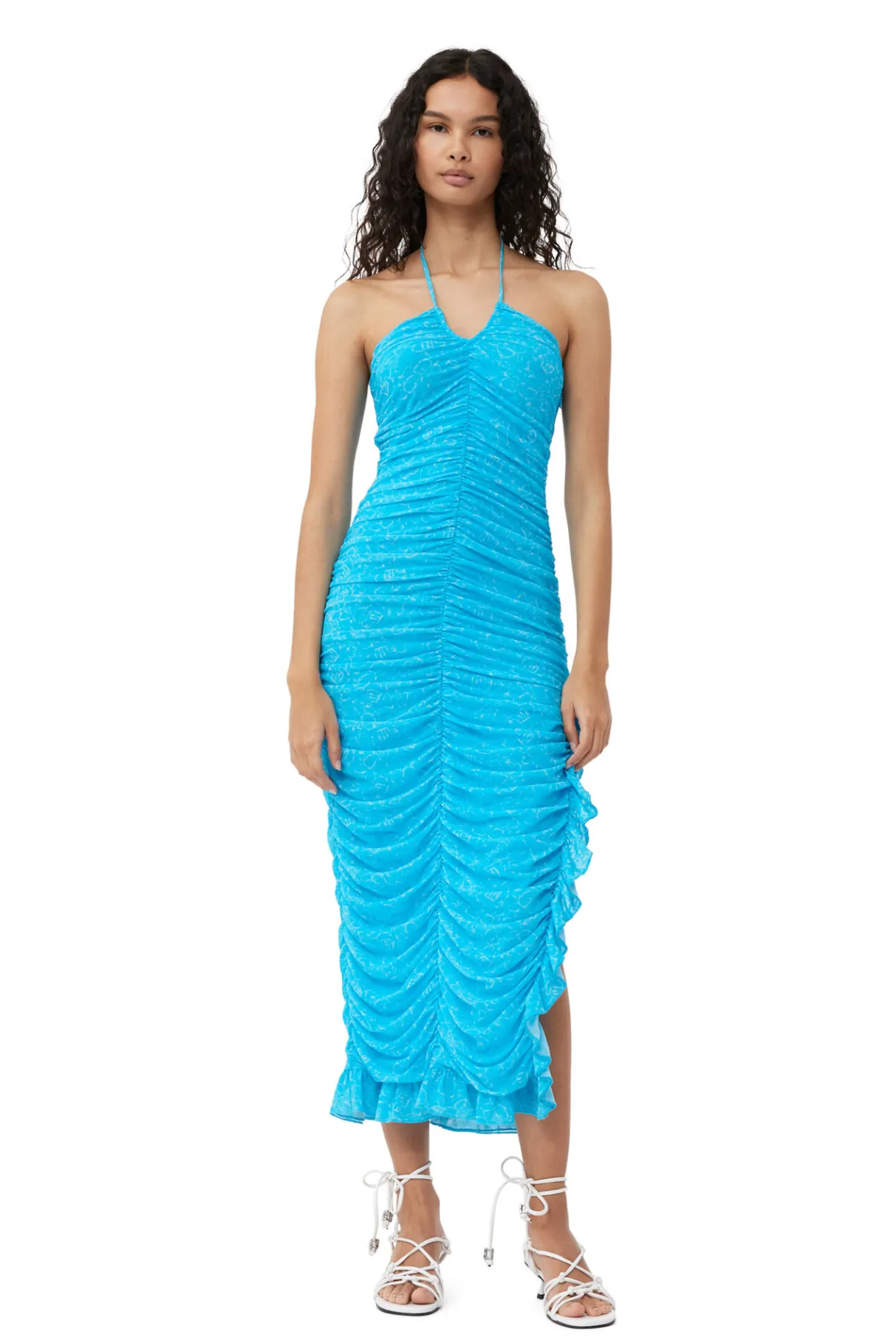 Clearance GANNI X Ester Manas Printed Mesh Halterneck Gather Dress Bachelor Blue