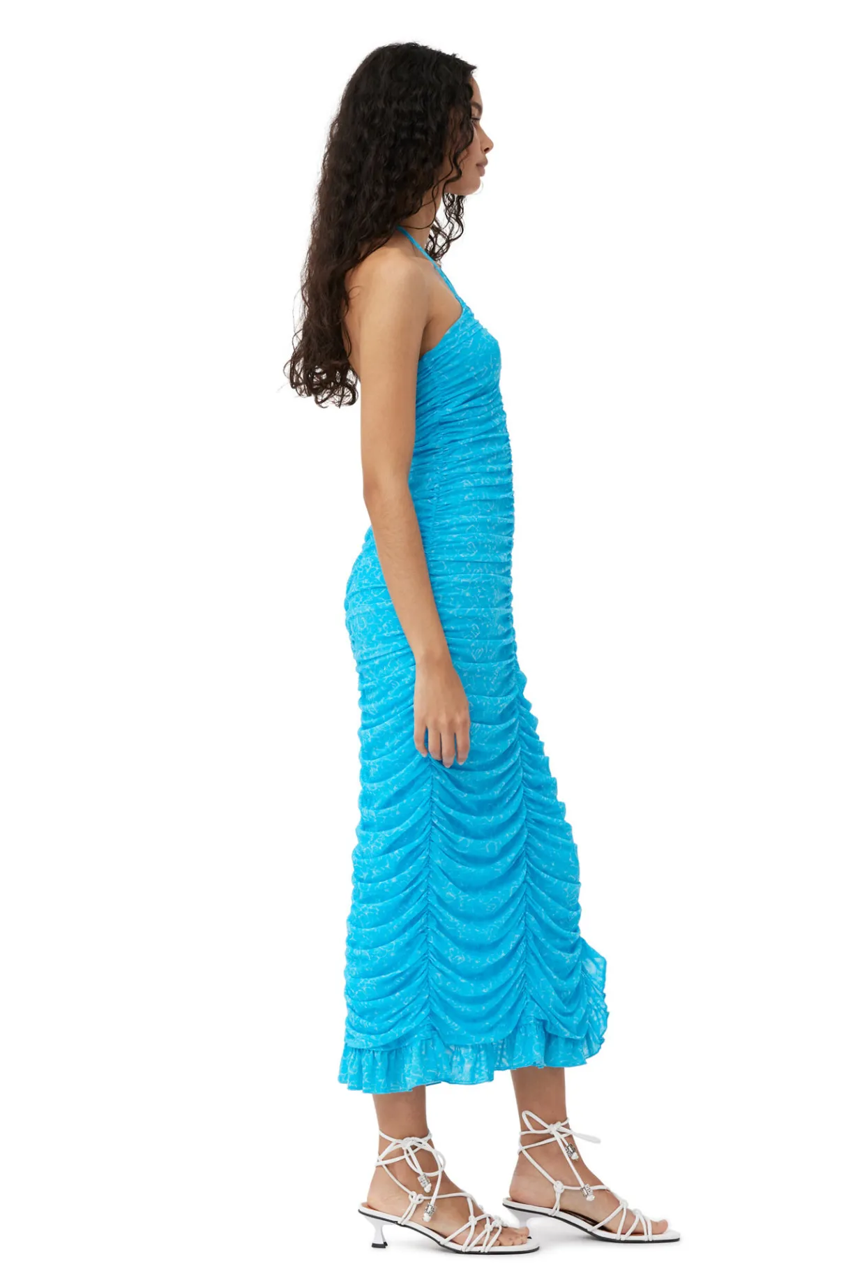 Clearance GANNI X Ester Manas Printed Mesh Halterneck Gather Dress Bachelor Blue