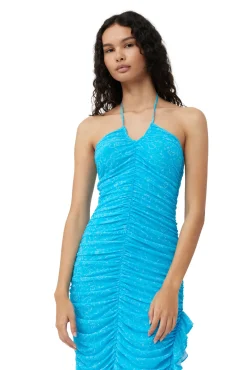 Clearance GANNI X Ester Manas Printed Mesh Halterneck Gather Dress Bachelor Blue