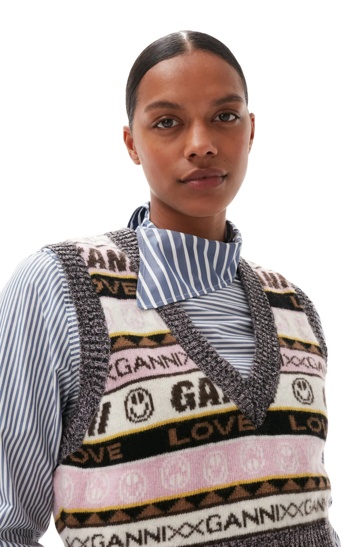Shop GANNI Graphic V-Neck Vest Petrified Oak