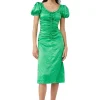 Online GANNI Green Crinkled Satin Midi Dress Bright Green