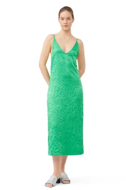 Discount GANNI Green Crinkled Satin Slip Dress Bright Green