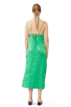Discount GANNI Green Crinkled Satin Slip Dress Bright Green