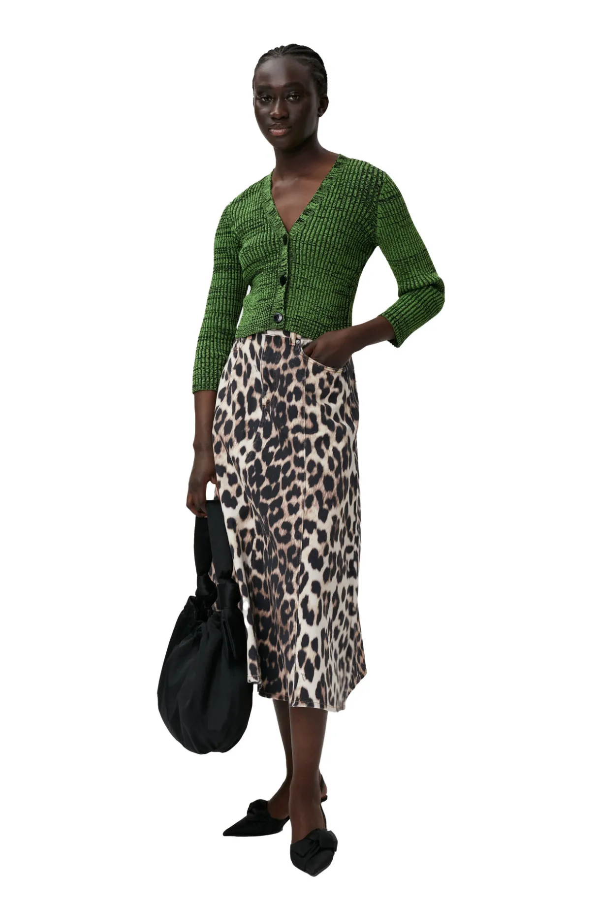 Hot GANNI Green Cropped Melange Knit Cardigan Kelly Green