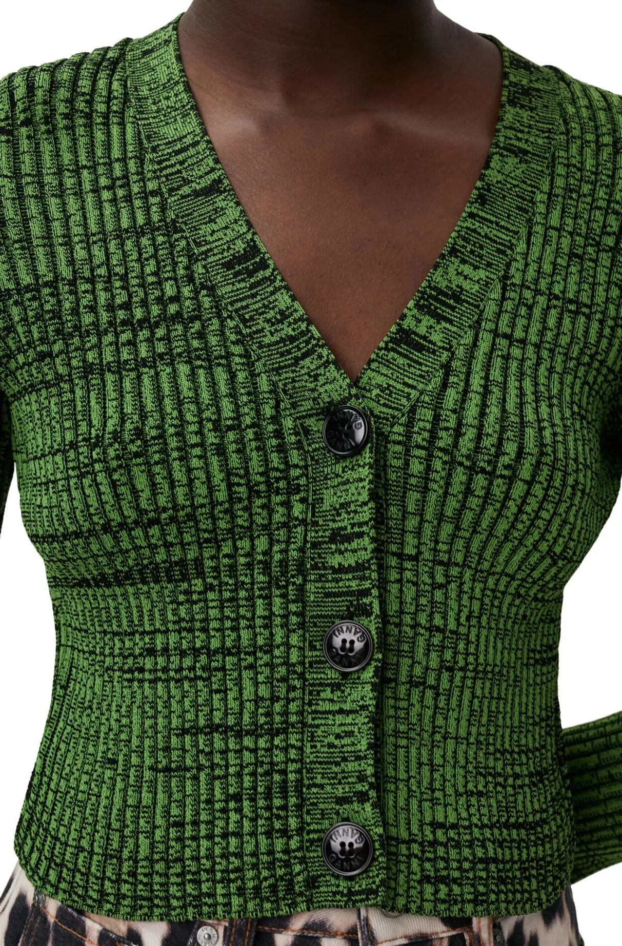 Hot GANNI Green Cropped Melange Knit Cardigan Kelly Green