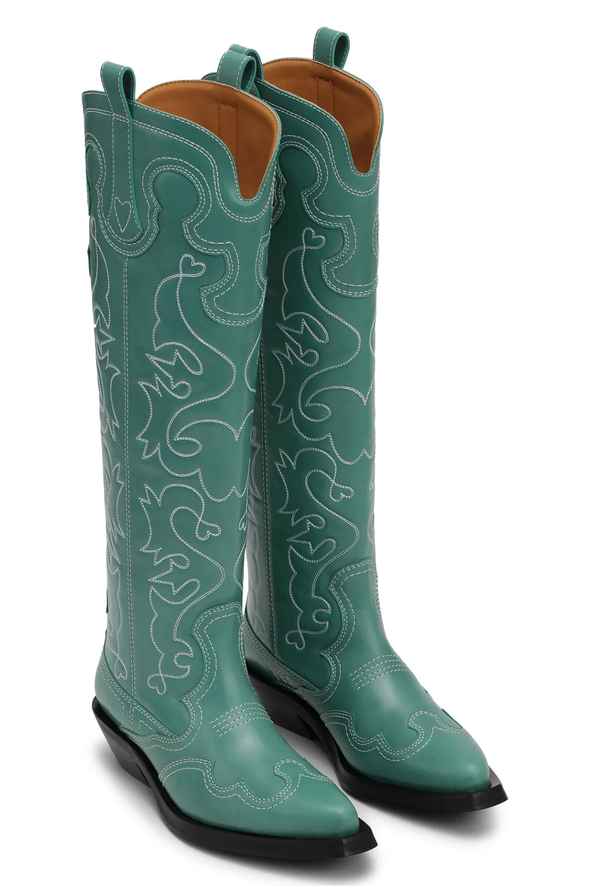 Best GANNI Green Knee High Embroidered Western Boots Bottle Green