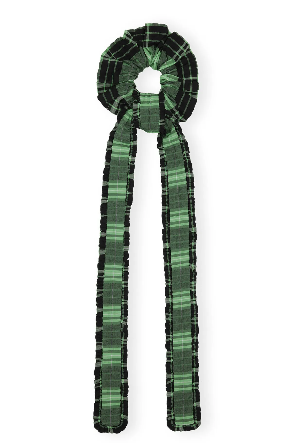 Clearance GANNI Green Seersucker Check Frill Bow Scrunchie Peapod