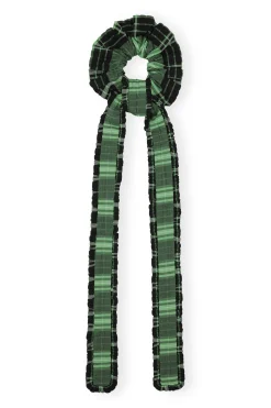 Clearance GANNI Green Seersucker Check Frill Bow Scrunchie Peapod
