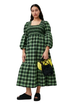 Flash Sale GANNI Green Seersucker Check Maxi Smock Dress Peapod