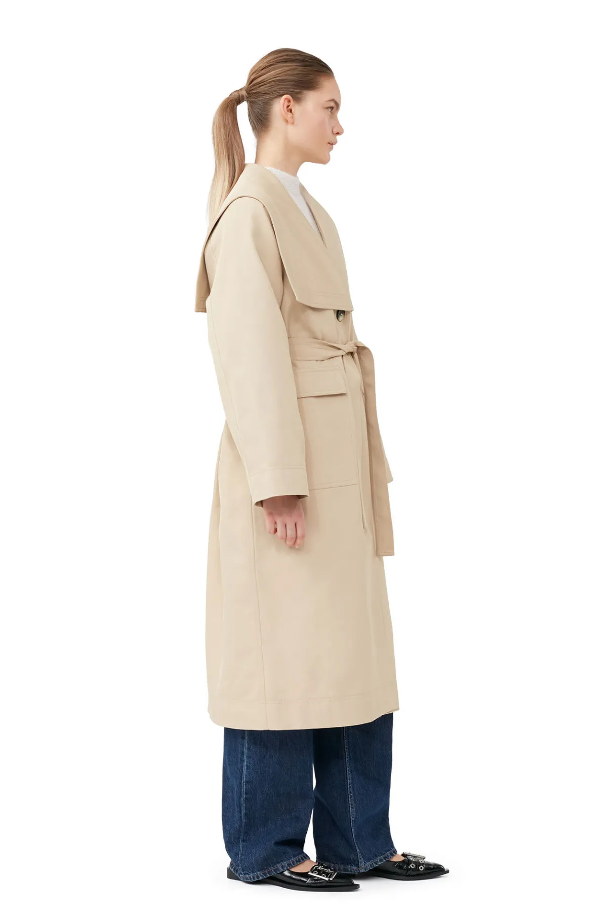 Shop GANNI Heavy Twill Oversized Trench Coat Pale Khaki