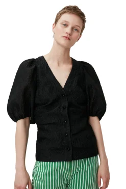 Discount GANNI Jacquard V-Neck Blouse Black