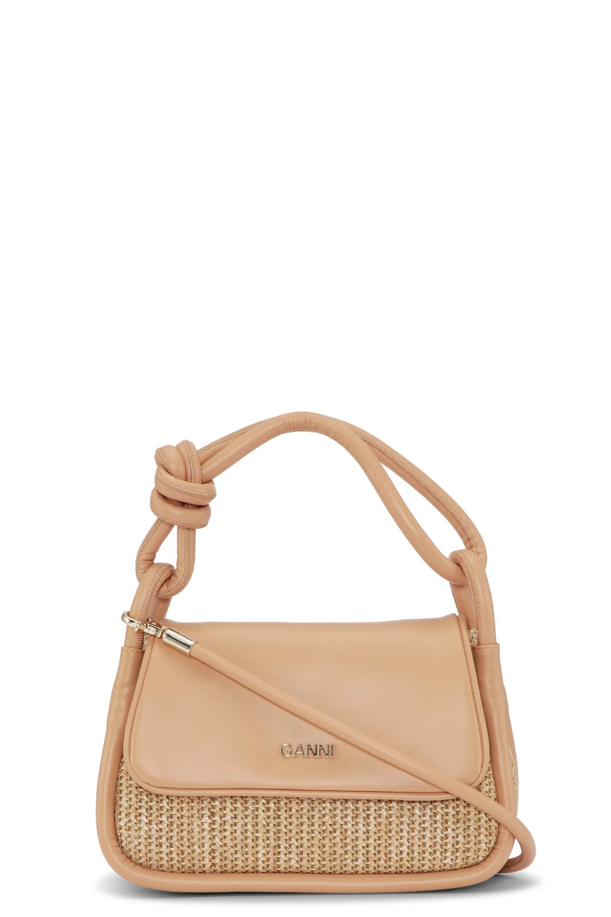 Hot GANNI Knot Flap Over Raffia Bag Tan