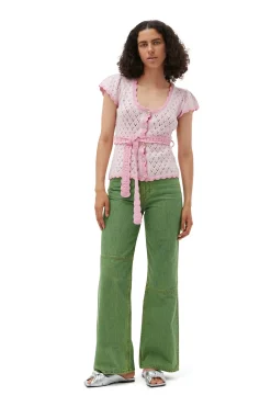 New GANNI Lace Short Sleeve Cardigan Pink Tulle