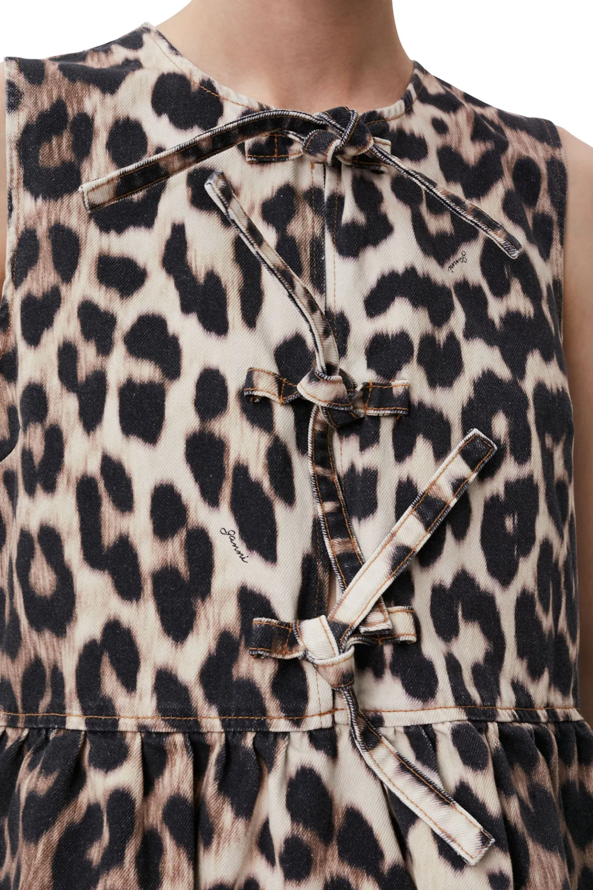 Outlet GANNI Leopard Tie Band Mini Dress Big Leopard Almond Milk