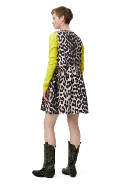Outlet GANNI Leopard Tie Band Mini Dress Big Leopard Almond Milk