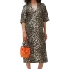 Cheap GANNI Leopard Wide Midi Dress Big Leopard Almond Milk