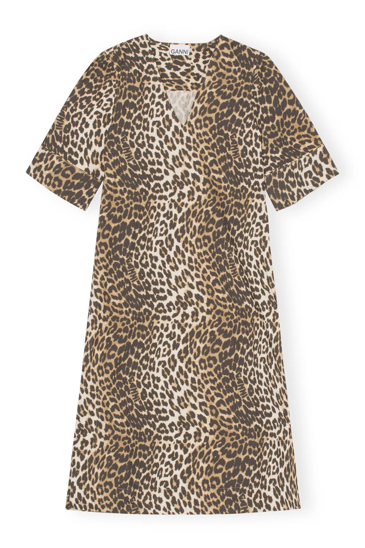 Cheap GANNI Leopard Wide Midi Dress Big Leopard Almond Milk