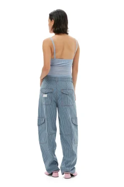 Discount GANNI Light Stripe Denim Cargo Pants Mid Blue Stone