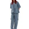Online GANNI Light Stripe Denim Peplum Blouse Mid Blue Stone
