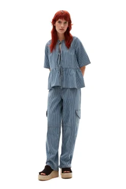 Online GANNI Light Stripe Denim Peplum Blouse Mid Blue Stone
