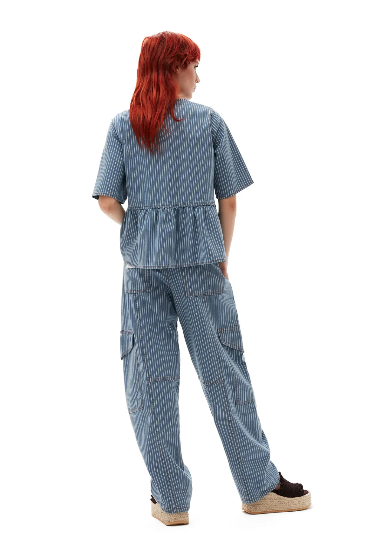 Online GANNI Light Stripe Denim Peplum Blouse Mid Blue Stone