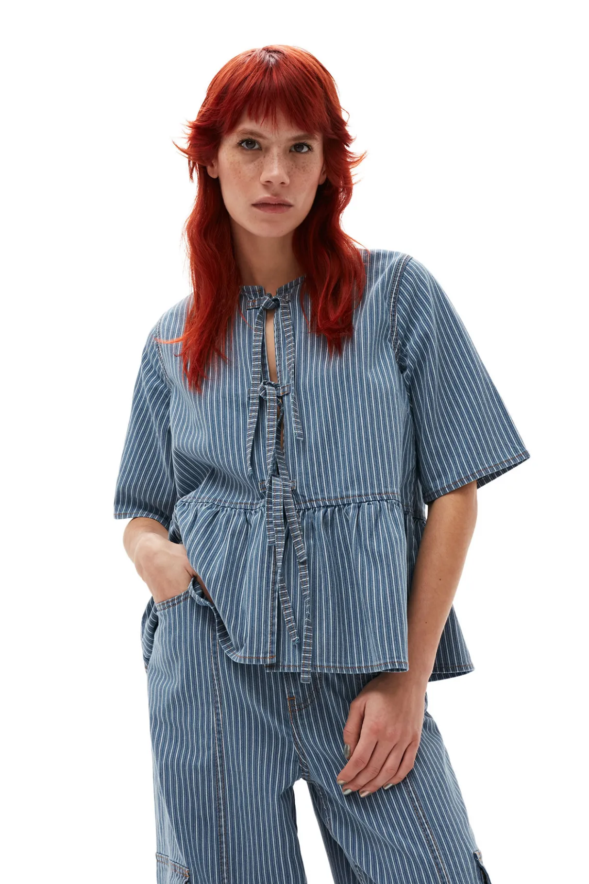 Online GANNI Light Stripe Denim Peplum Blouse Mid Blue Stone