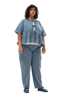Online GANNI Light Stripe Denim Peplum Blouse Mid Blue Stone