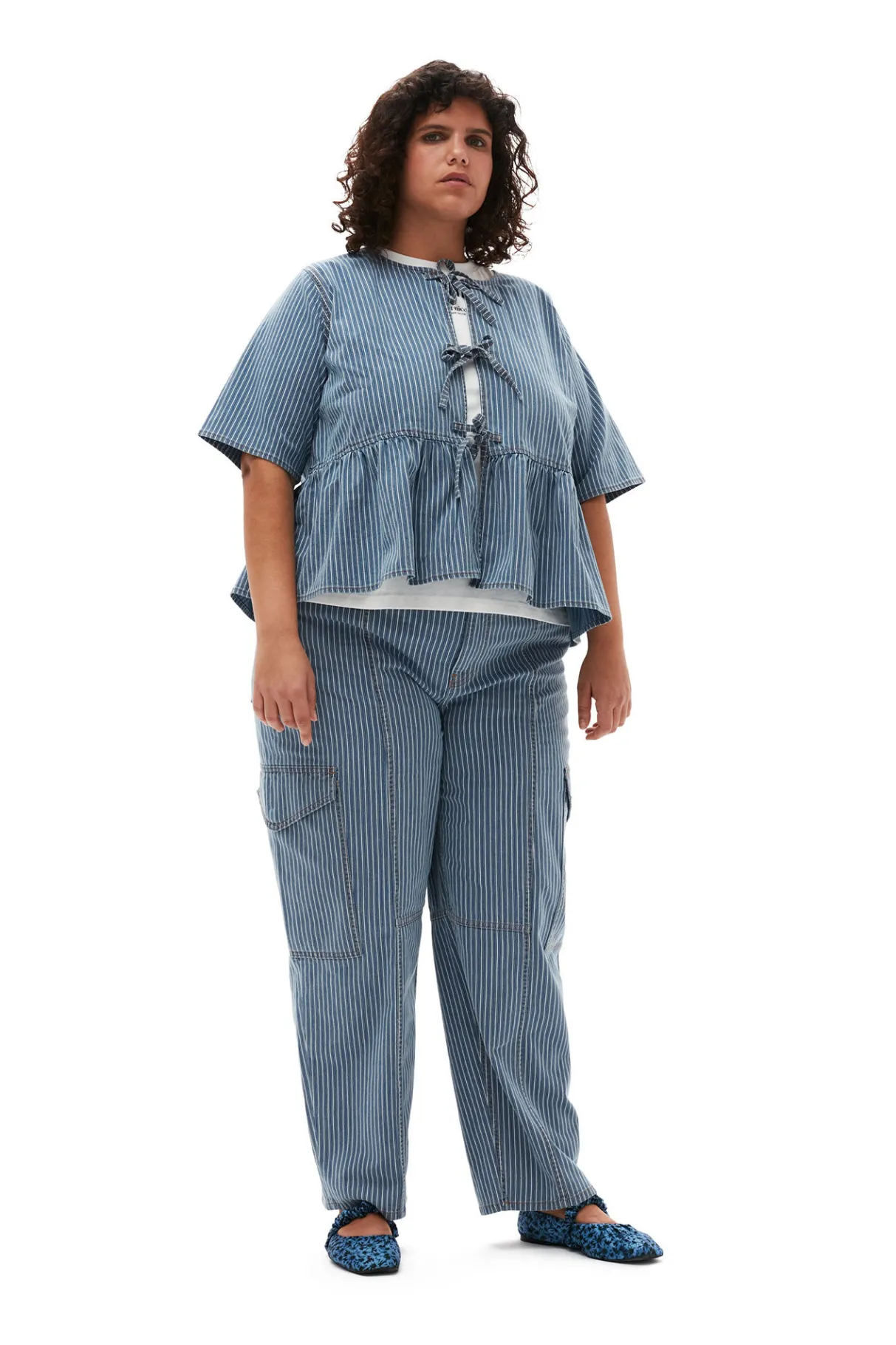 Online GANNI Light Stripe Denim Peplum Blouse Mid Blue Stone