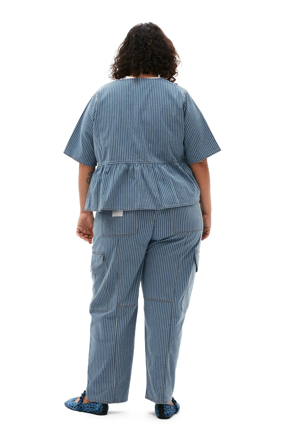 Online GANNI Light Stripe Denim Peplum Blouse Mid Blue Stone