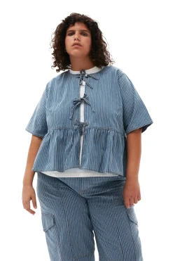 Online GANNI Light Stripe Denim Peplum Blouse Mid Blue Stone