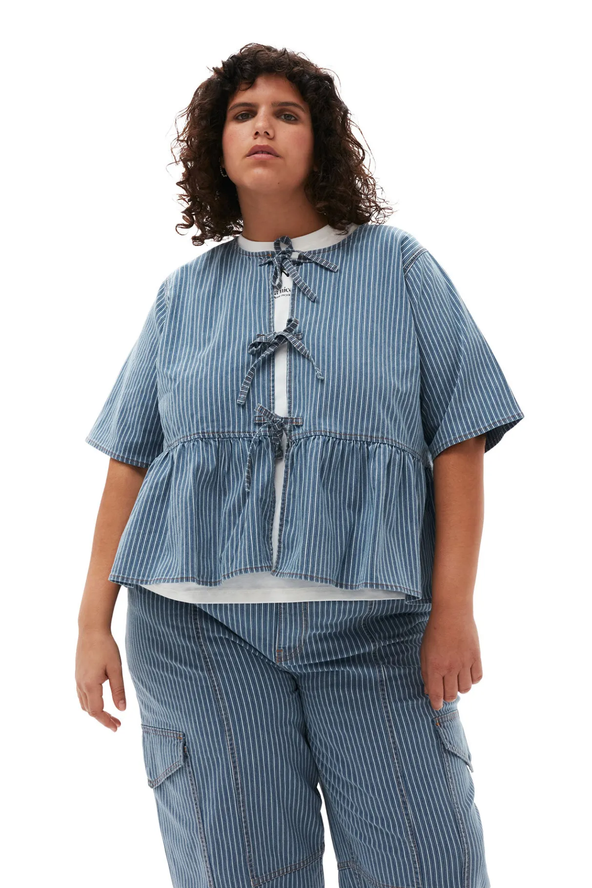Online GANNI Light Stripe Denim Peplum Blouse Mid Blue Stone