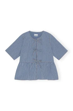 Online GANNI Light Stripe Denim Peplum Blouse Mid Blue Stone