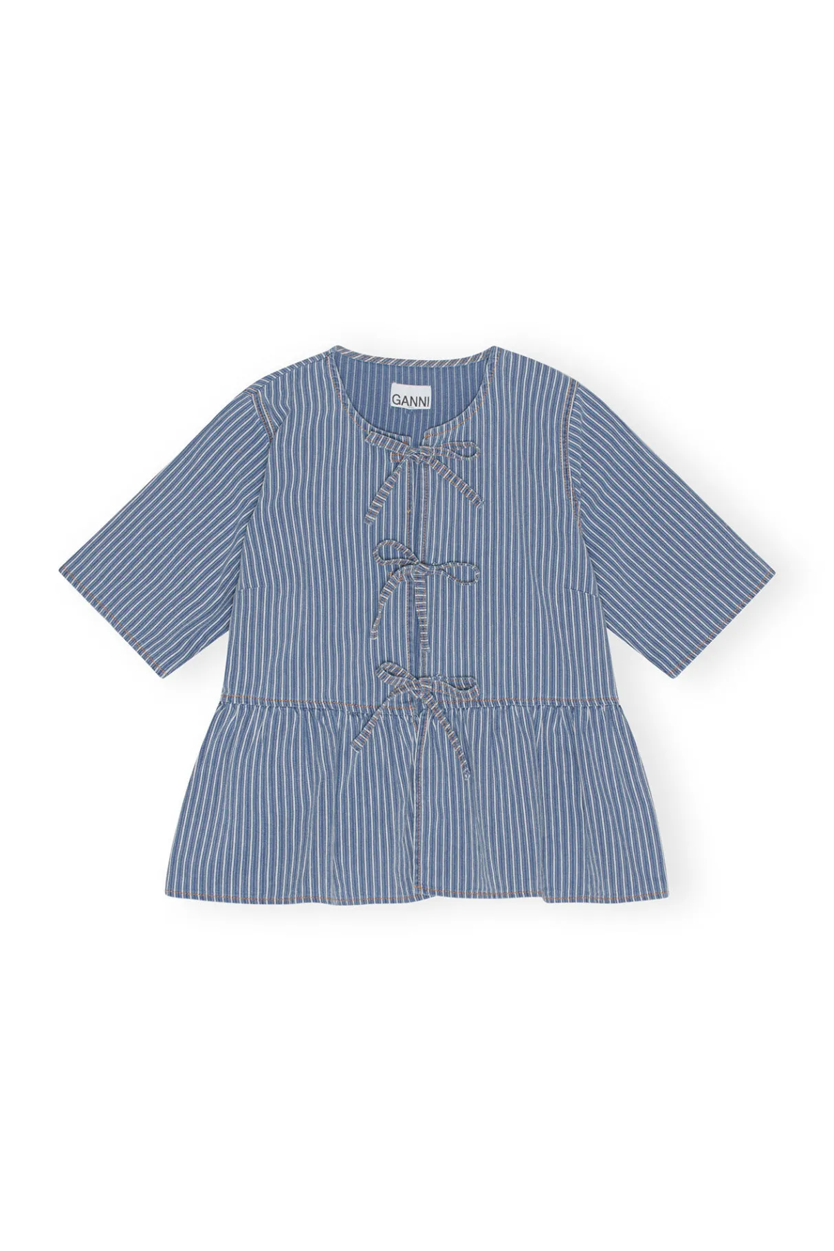 Online GANNI Light Stripe Denim Peplum Blouse Mid Blue Stone