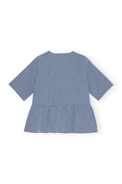 Online GANNI Light Stripe Denim Peplum Blouse Mid Blue Stone
