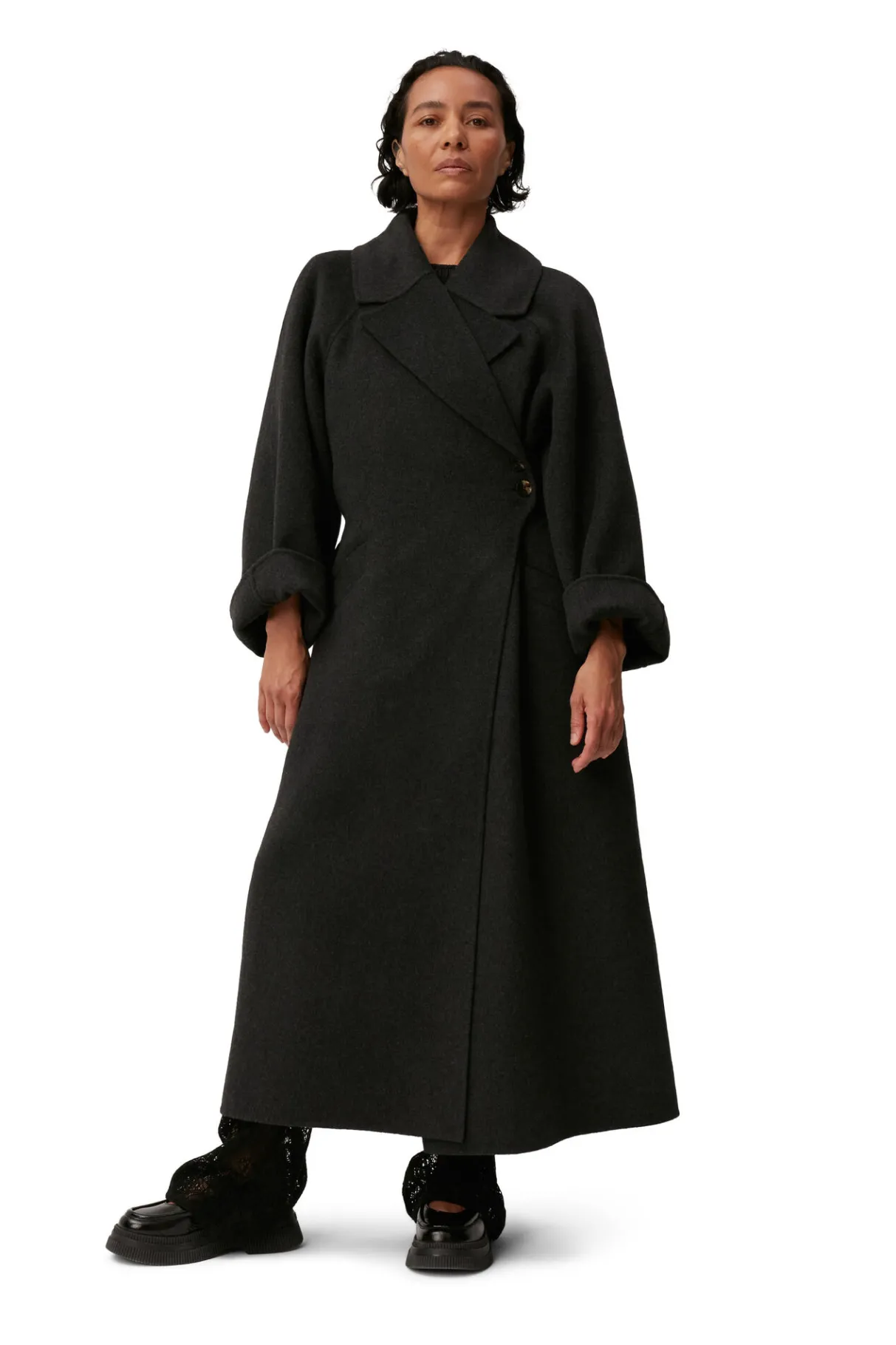 Cheap GANNI Long Wool Coat Phantom