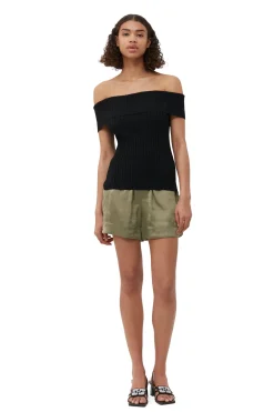 Cheap GANNI Melange Knit Off Shoulder Top Black
