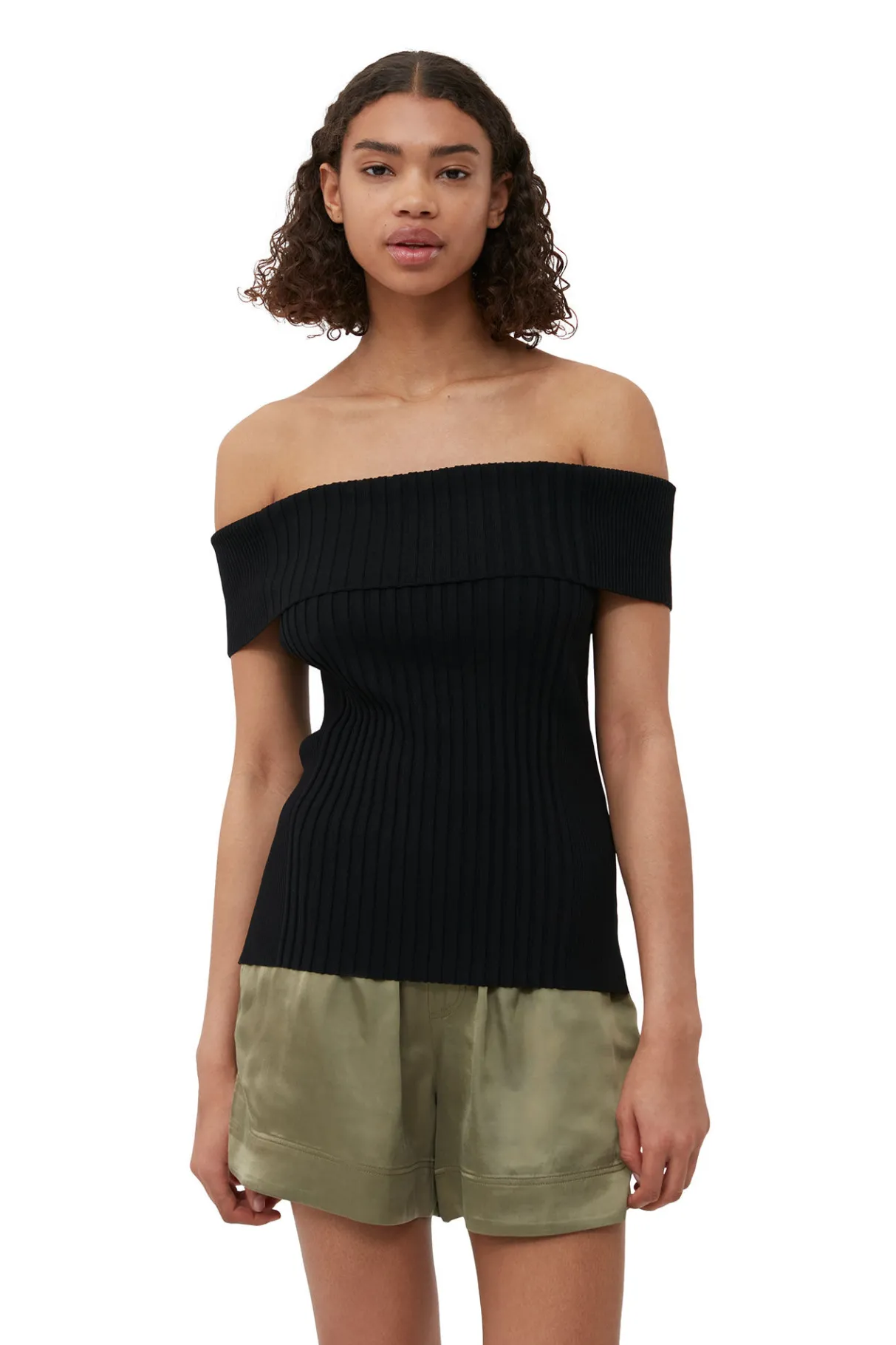 Cheap GANNI Melange Knit Off Shoulder Top Black