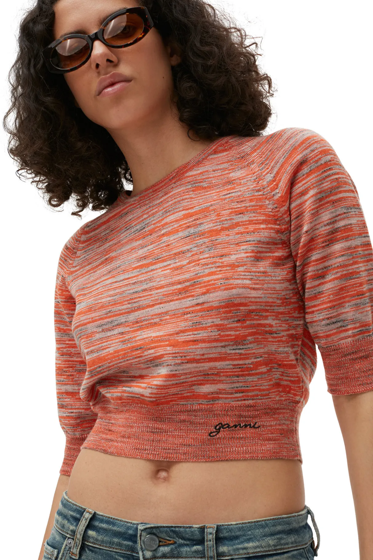 New GANNI Merino Mouline Cropped Top Vibrant Orange