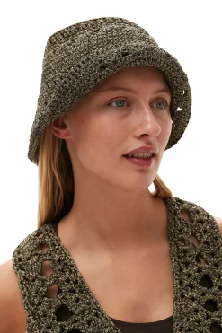 Cheap GANNI Metallic Crochet Bucket Hat Black