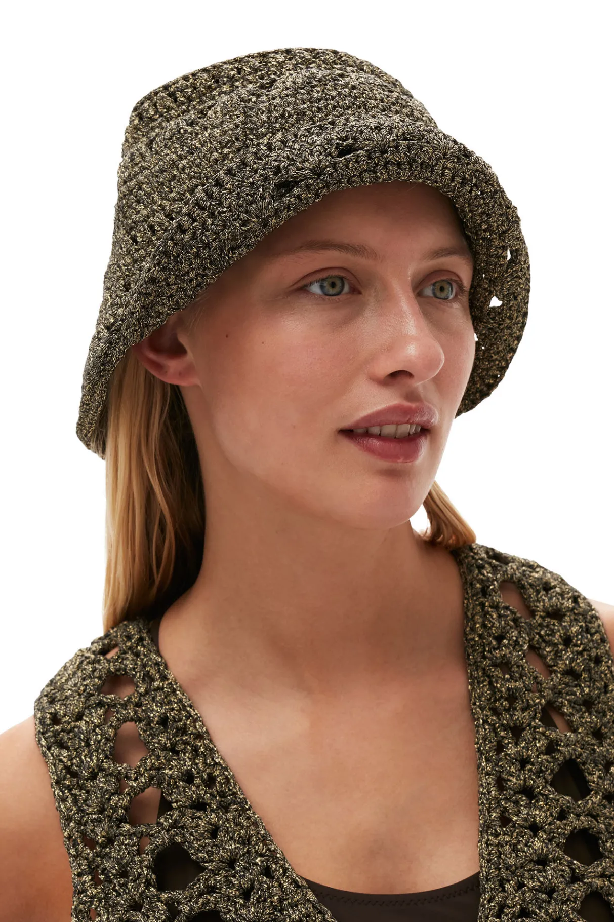Cheap GANNI Metallic Crochet Bucket Hat Black