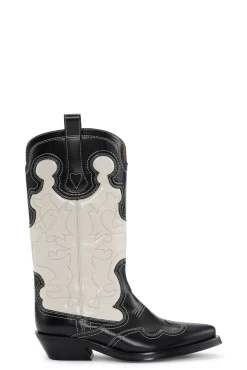New GANNI Mid Shaft Embroidered Western Boots Black/Egret