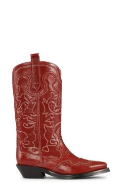 Clearance GANNI Mid Shaft Embroidered Western Boots Barbados Cherry