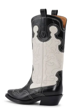 New GANNI Mid Shaft Embroidered Western Boots Black/Egret